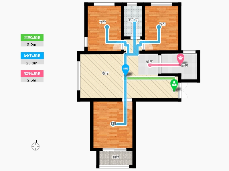瀚唐3室2厅1卫0厨108.00㎡动线图