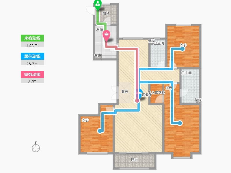 瀚唐3室1厅2卫1厨158.00㎡动线图