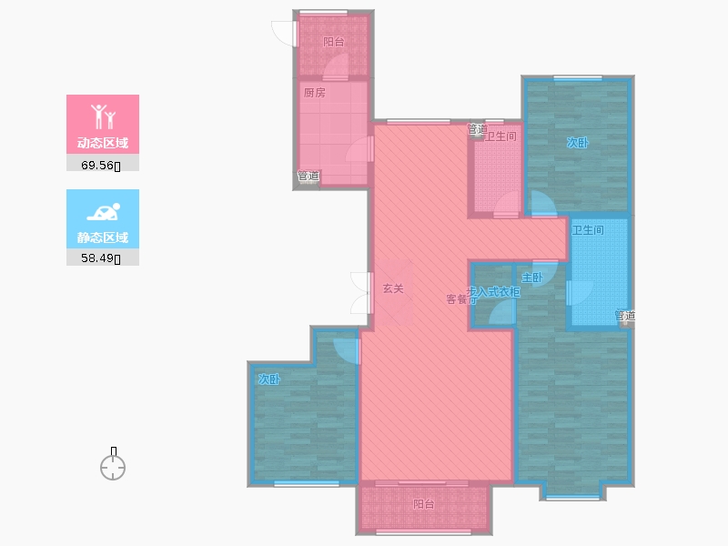 瀚唐3室1厅2卫1厨158.00㎡动静分区图