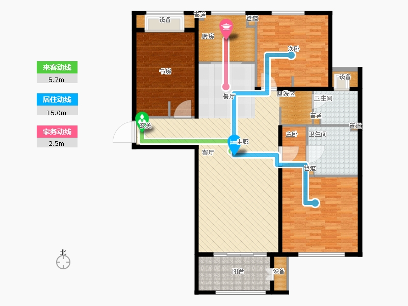林荫大院3室1厅2卫1厨137.00㎡动线图