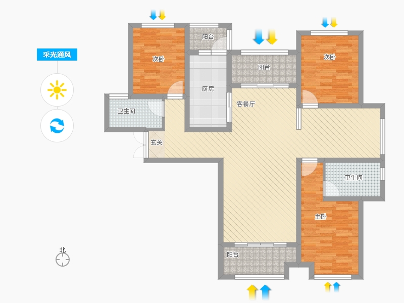 奥北公元3室1厅2卫1厨152.00㎡采光通风图