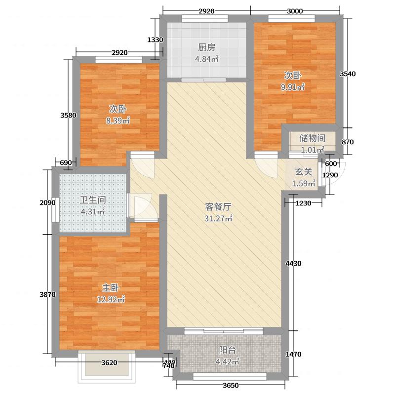 新鼎华府3室2厅1卫1厨120㎡户型图