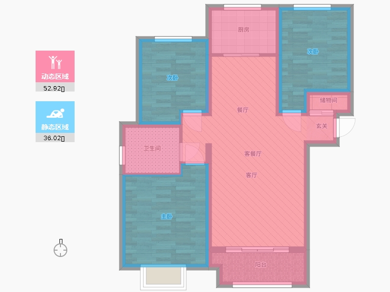 新鼎华府3室2厅1卫1厨120.00㎡动静分区图