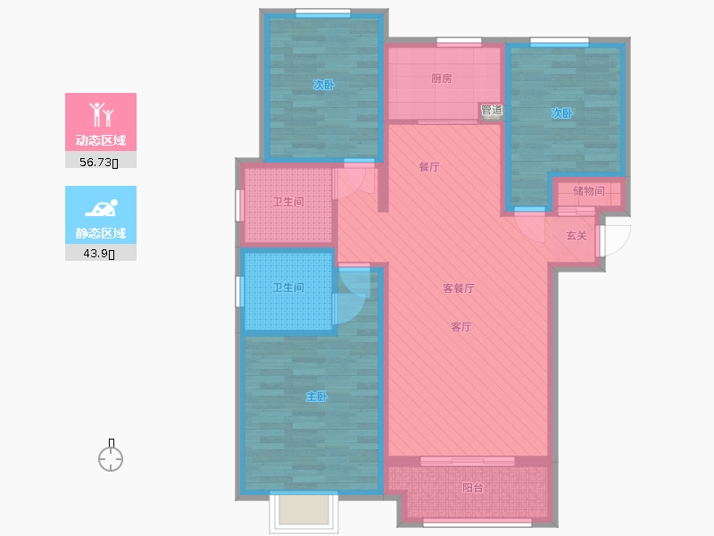 新鼎华府3室2厅2卫1厨132.00㎡动静分区图