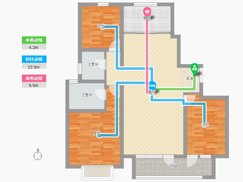 荣盛锦绣学府3室1厅2卫1厨135.00㎡动线图