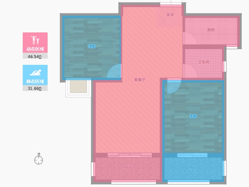 天悦城2室2厅1卫1厨93㎡动静分区图