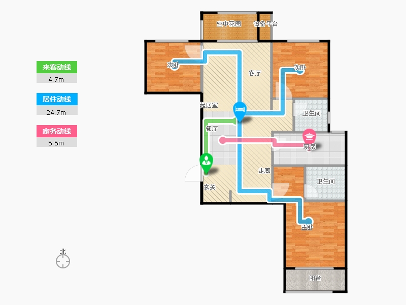 鑫界9号院3室2厅2卫1厨108㎡动线图