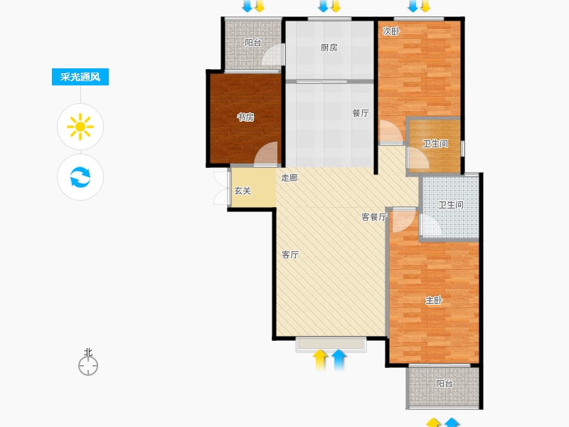 鑫界9号院3室1厅2卫1厨118㎡采光通风图