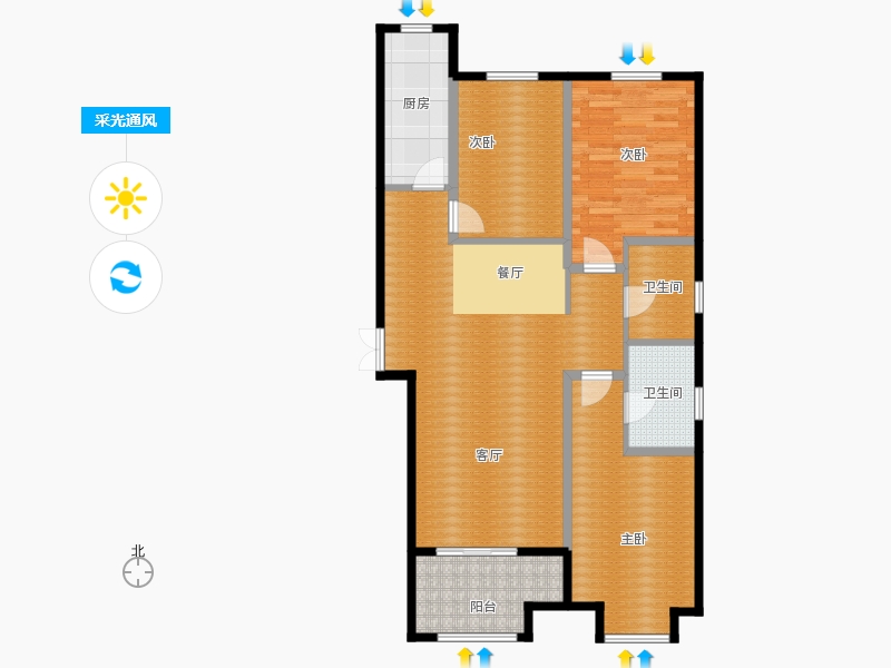 百岛绿城3室2厅2卫1厨136㎡采光通风图