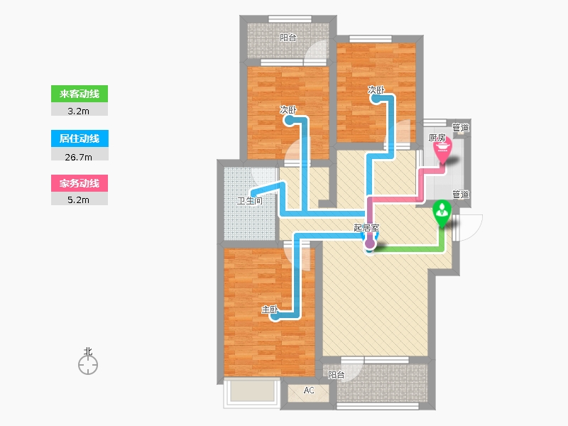 天下锦程3室1厅1卫1厨125㎡动静线图