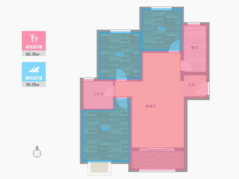 橡嵘湾3室1厅1卫1厨96㎡动静分区图