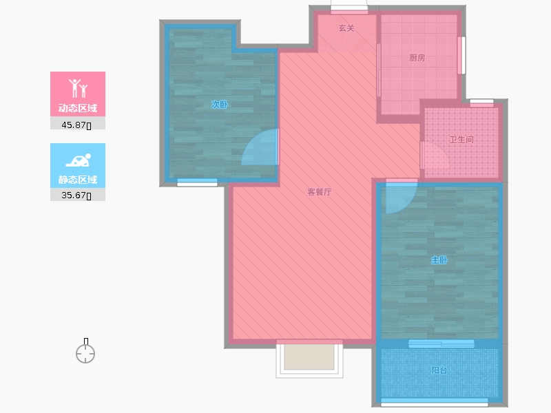 铂宫时代2室2厅1卫1厨89.00㎡动静分区图